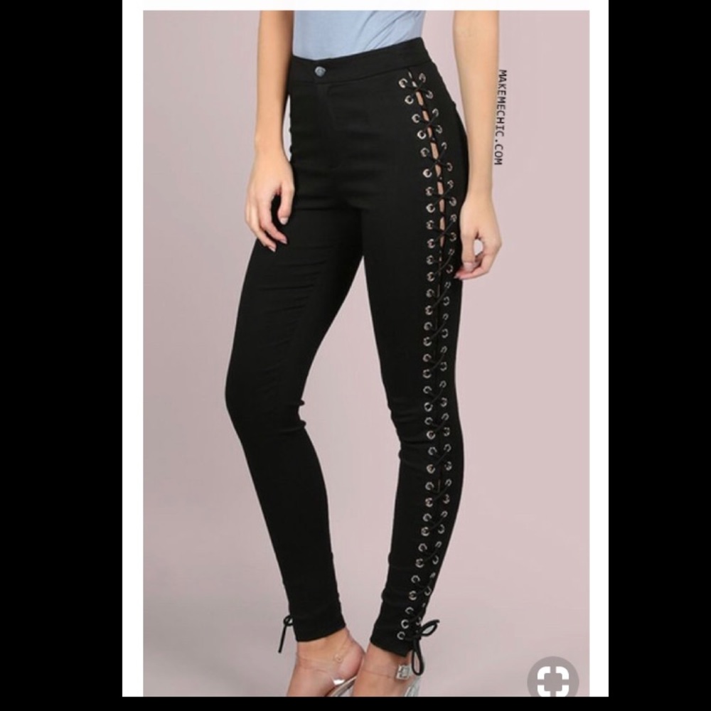 High waisted lace up black pants